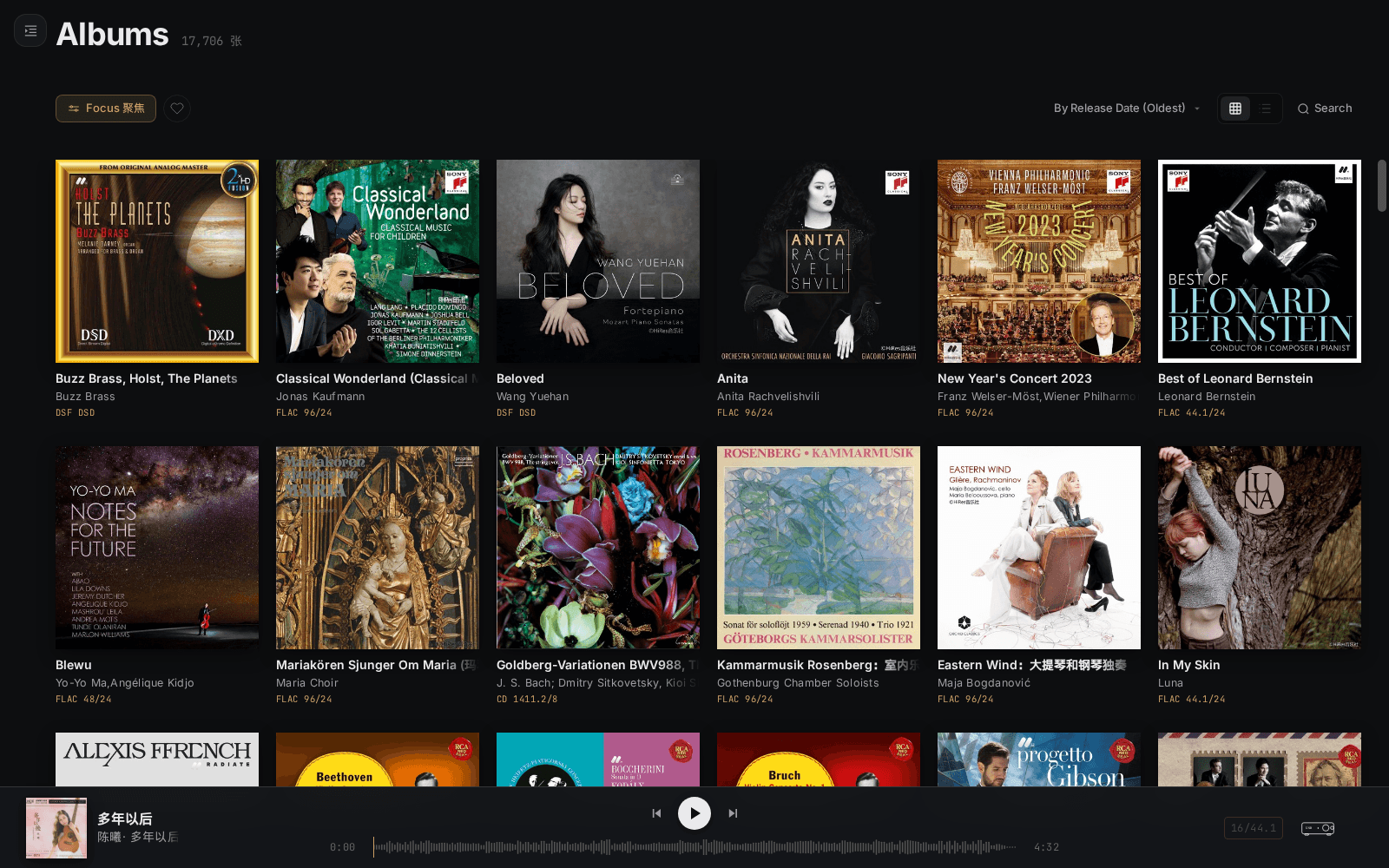 PureAlbum library view — album-first browsing with cover art