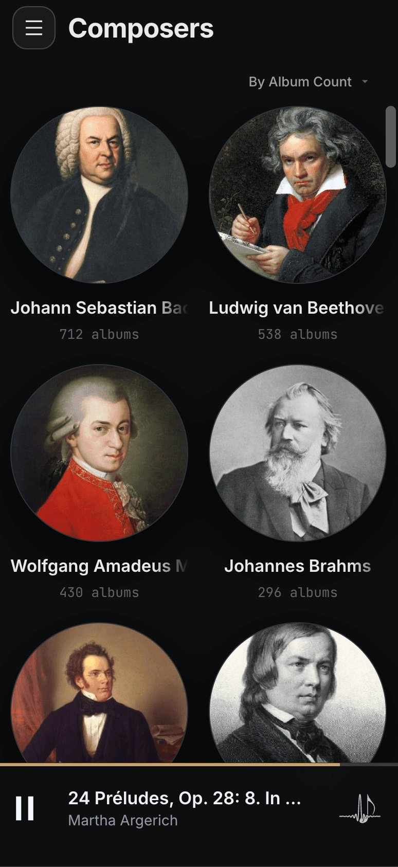 PureAlbum mobile Composers view with composer portraits and album counts